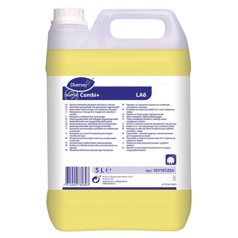 Ein 5-Liter-Behälter aus durchsichtigem Kunststoff mit Diversey Suma Combi+ LA6, einem kombinierten Reiniger und Klarspüler für mittelhartes Wasser, mit einer gelben Flüssigkeit und einem weißen Etikett von Diversey Deutschland GmbH & Co. OHG.