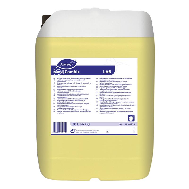 Ein großer gelber 20-Liter-Behälter Diversey Suma Combi+ LA6, ein kombinierter Reiniger und Klarspüler für mittelhartes Wasser der Diversey Deutschland GmbH & Co. OHG, mit einem weißen Etikett mit blauem Text und Gebrauchsanweisungen.