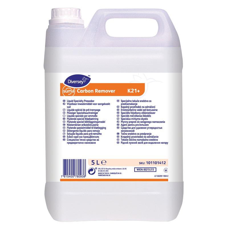 Diversey Suma Carbon Remover K21+, Flüssiger Entkruster im 5-l-Kanister mit Griff und Schraubverschluss, weißem Etikett mit orangen Akzenten und mehrsprachigen Anweisungen. Entfernt hartnäckige Verschmutzungen effektiv.