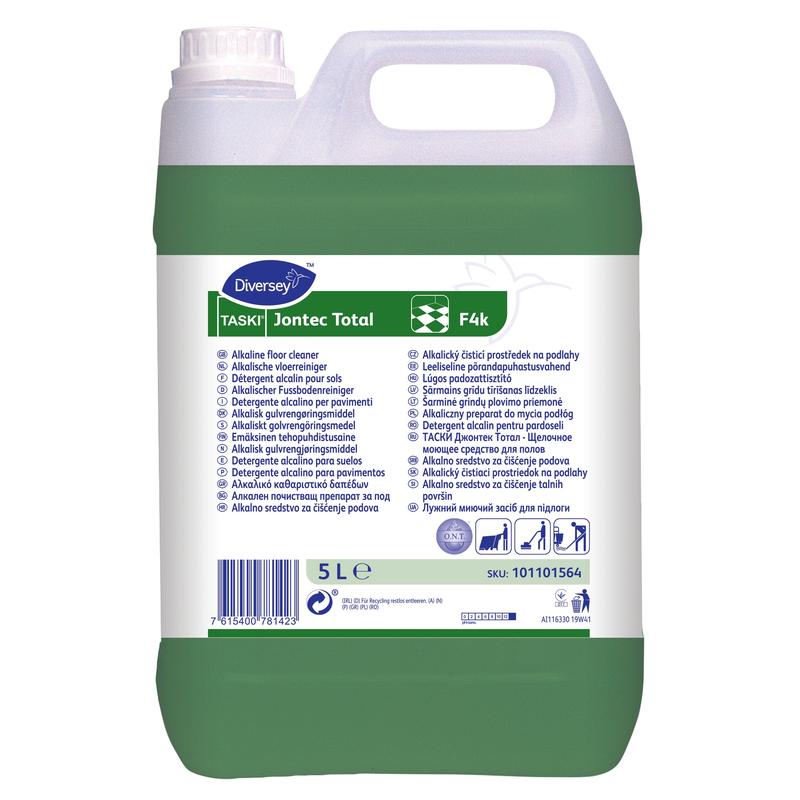 TASKI Jontec Total von Diversey Deutschland GmbH & Co. OHG: Hochaktives, alkalisches Reinigungsmittel im 5-l-Kanister zur Entfernung starker Verschmutzungen, ideal für Feinsteinzeug-Fliesen, nicht für Linoleum geeignet.