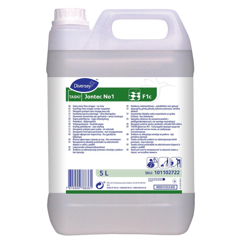 Ein 5-Liter-Kanister von TASKI Jontec No1, einem Hochleistungsreiniger für alle alkalibeständigen Bodenbeläge von Diversey Deutschland GmbH & Co. OHG, mit weißem Schraubverschluss, Griff, zweisprachiger Anleitung, grünem Branding und SKU 101102722.
