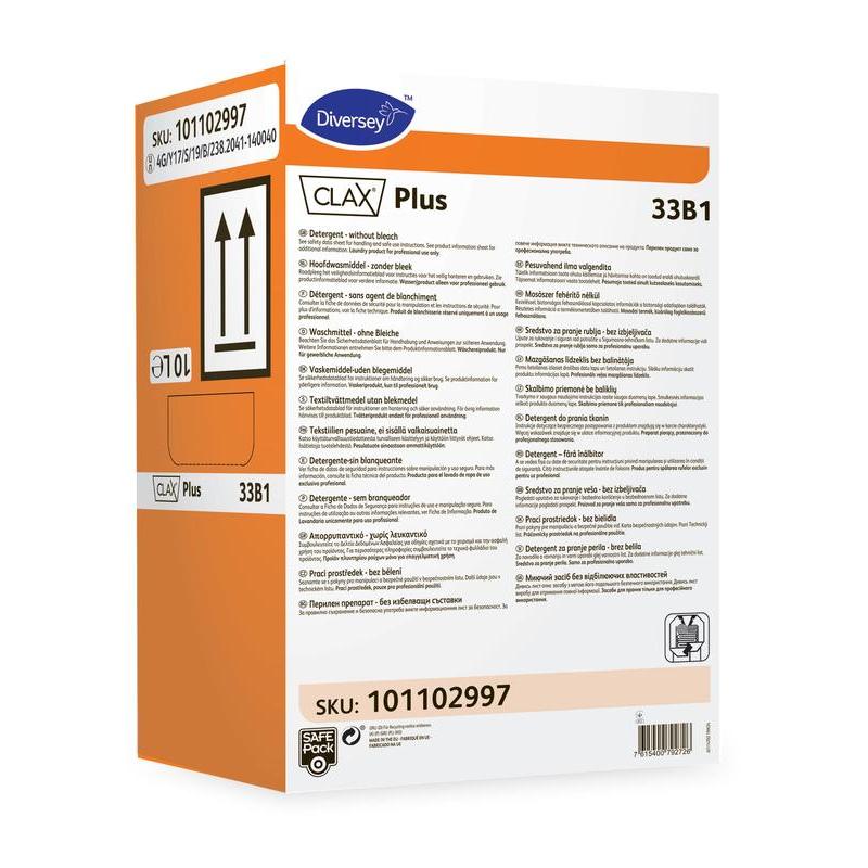 Eine rechteckige orange-weiße Box mit der Aufschrift „Clax Plus 33B1 Flüssigwaschmittel ohne Bleichmittel“ von Diversey Deutschland GmbH & Co. OHG für gewerbliche Wäschereien, mit mehrsprachiger Anleitung und einem 10L-Kapazitätssymbol.