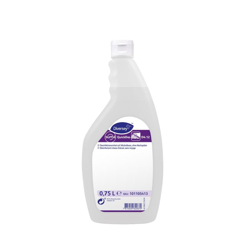 Eine 0,75-Liter-Flasche Suma QuickDes D4.12 Schnelldesinfektion aus weißem Kunststoff von Diversey Deutschland GmbH & Co. OHG mit Klappverschluss und violett-weißem Etikett mit Produktdetails auf der Vorderseite.
