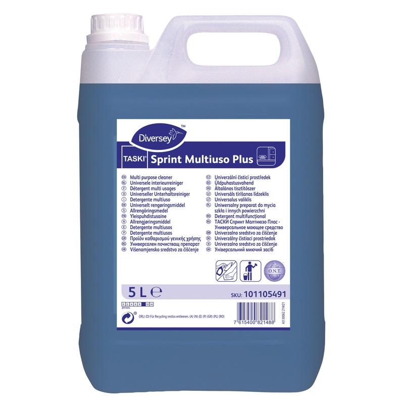 Ein 5-Liter-Kunststoffbehälter TASKI Sprint Multiuso Plus, Universeller Unterhaltsreiniger von Diversey Deutschland GmbH & Co. OHG verfügt über ein blaues Etikett und enthält blaue Flüssigkeit zur effektiven Reinigung mehrerer Oberflächen.