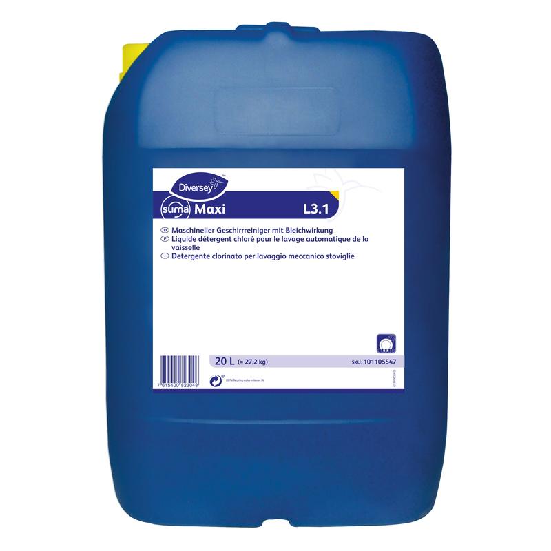 Ein blauer 20-Liter-Kunststoffbehälter mit der Aufschrift "Suma Maxi L3.1" der Diversey Deutschland GmbH & Co. OHG, ein hochwirksames Reinigungs- und chlorhaltiges Geschirrspülmittel für Automaten, mit mehrsprachigen Produktinformationen auf einem weißen Etikett.