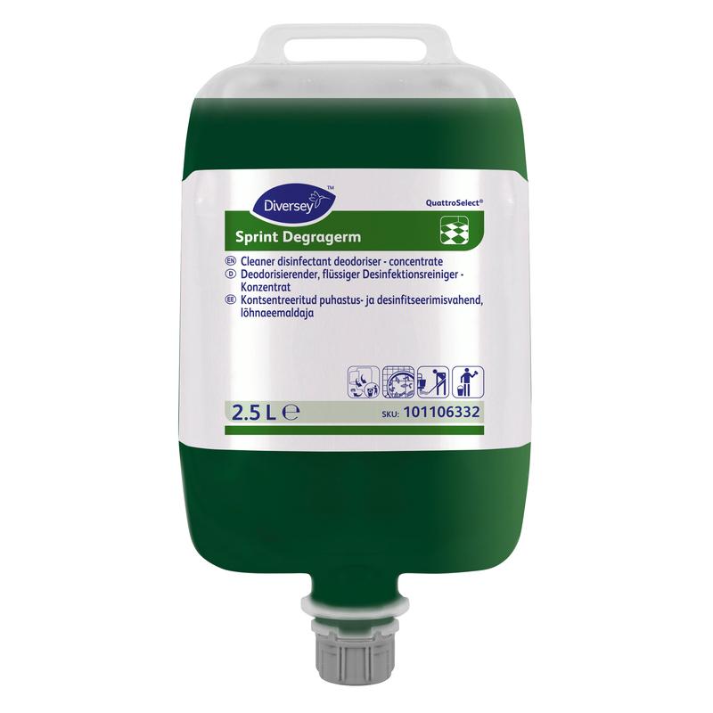 Ein 2,5L Beutel von Diversey Sprint Degragerm QS, Desinfektionsreiniger und Desodorierer für Fussböden von Diversey Deutschland GmbH & Co. OHG, mit grün/weißem Etikett und mehrsprachiger Info.