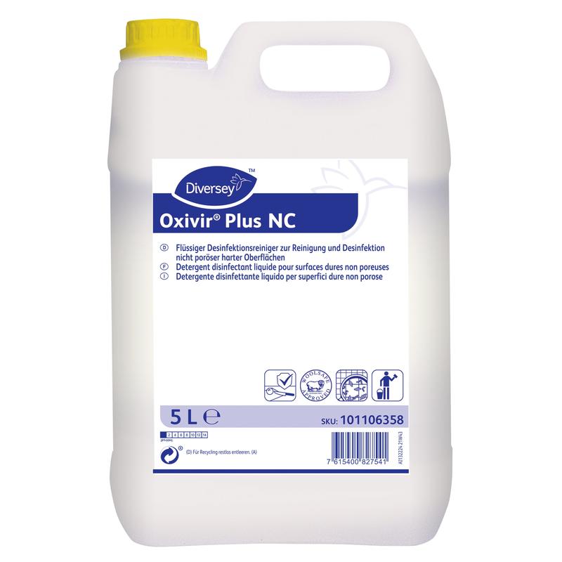 Ein 5-Liter-Kanister DI Oxivir Plus NC von Diversey Deutschland GmbH & Co. OHG: konzentrierter, flüssiger Desinfektionsreiniger für den lebensmittelverarbeitenden Bereich, im weißen Kunststoffbehälter mit gelbem Deckel, Produktbranding und Anwendungshinweisen.