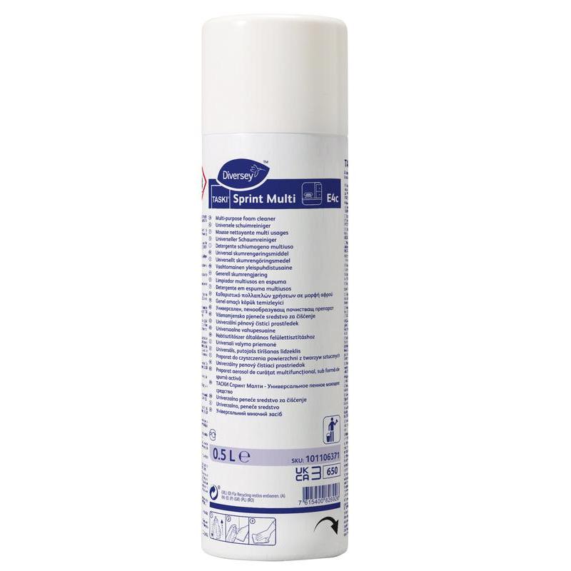 Eine weiße 500-ml-Dose Diversey Deutschland TASKI Sprint Multi Aerosol-Schaumreiniger für die vielseitige Oberflächenreinigung, mit blauem Text, Anweisungen, Anwendungshinweisen auf dem Etikett, einer weißen Kappe und Barcode am Boden.
