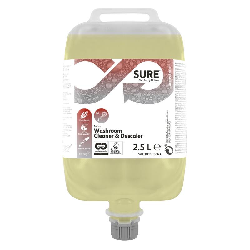 Ein 2,5-Liter-SURE-Sanitärreiniger und Entkalker von Diversey Deutschland GmbH & Co. OHG, gelbe Flüssigkeit mit natürlichen Inhaltsstoffen, wird mit Düse und einem weißen Etikett mit Produktdetails und dem SURE-Logo geliefert.