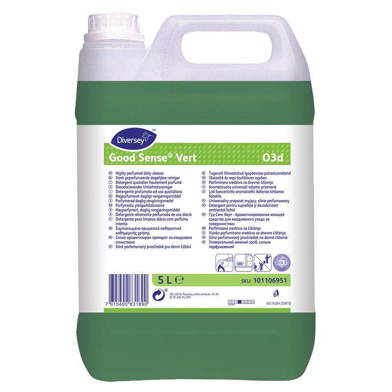 Ein 5-Liter-Kunststoffbehälter von Diversey Deutschland GmbH & Co. OHG Good Sense Vert, hochparfümierter Allzweckreiniger mit O.N.T. Technologie, mit einer grünen Lösung und einem weißen mehrsprachigen Frontetikett.