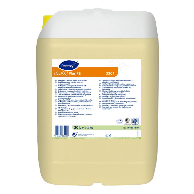 Ein 20-Liter-Kunststoffbehälter Diversey Clax Plus Pur-Eco 33C1 Waschmittel (ohne Bleichmittel, umweltzertifiziert) von Diversey Deutschland GmbH & Co. OHG, mit weißem Verschluss und mehrsprachigem Produktinformationsetikett.