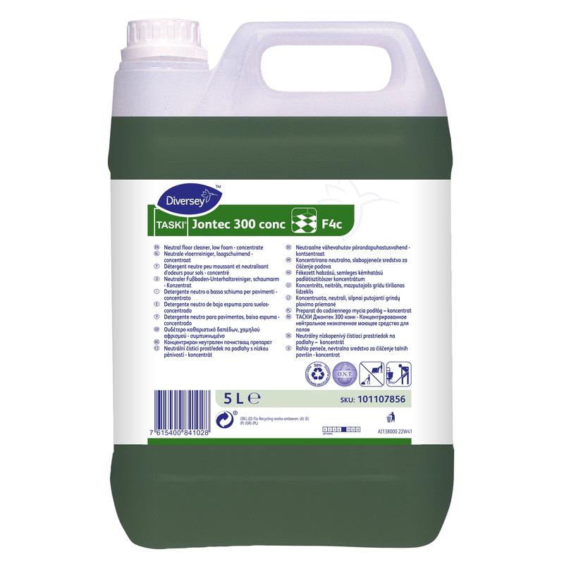 Ein 5-Liter-Kunststoffbehälter mit TASKI Jontec 300 conc Bodenreiniger Hochkonzentrat von Diversey Deutschland GmbH & Co. OHG enthält eine grüne Flüssigkeit und ein Etikett mit Produktdetails, Anweisungen, Barcode und SKU für glänzende Böden.