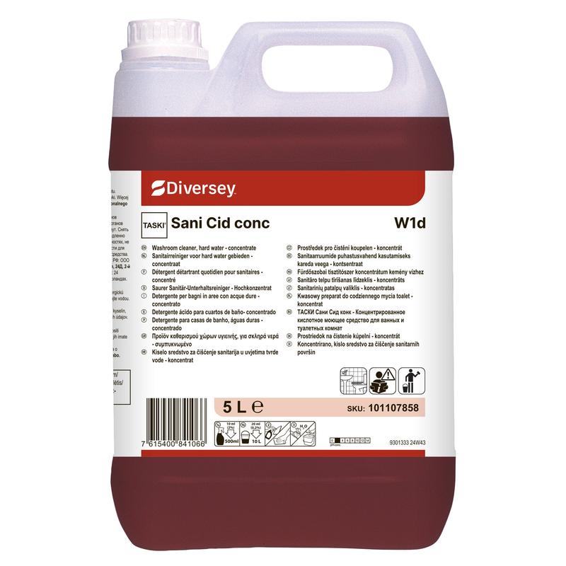 Ein 5-Liter-Kanister Diversey TASKI Sani Cid conc Sanitärreiniger (Hochkonzentrat auf Zitronensäurebasis) von Diversey Deutschland GmbH & Co. OHG; rote Flüssigkeit, detailliertes Etikett, ideal zur Entfernung von Kalkablagerungen.