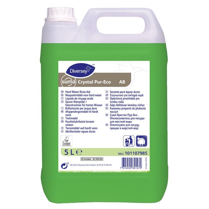Ein grüner 5-Liter-Kunststoffbehälter von Diversey Deutschland Suma Crystal Pur-Eco A8 umweltfreundlicher, saurer Klarspüler mit weißem Deckel. Das vordere Etikett zeigt Details, Anweisungen und Barcode. Sorgt für effektive Reinigungs- und rückstandsfreie Ergebnisse.