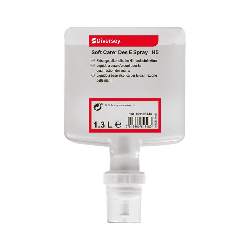 Das 1,3-Liter-Soft Care Des E Spray H5 Händedesinfektion von Diversey Deutschland GmbH & Co. OHG verfügt über eine mehrsprachige Beschriftung, einen sichtbaren Barcode auf der Vorderseite und ist in praktischer Spray-Form ideal für unterwegs.