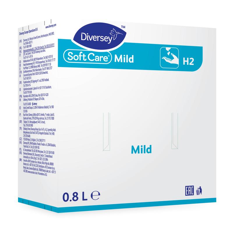 Eine weiß-blaue Schachtel mit der Aufschrift "Diversey Soft Care Mild" (800 ml) der Diversey Deutschland GmbH & Co. OHG zeigt ein Handwaschsymbol und wirbt für die milde Seifenlotion zur Händereinigung.