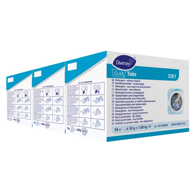 Abgebildet sind drei Schachteln Clax Tabs Waschmittel - Textilwaschtablette ohne Bleichmittel (Diversey Deutschland GmbH & Co. OHG, 1680 g), mit mehrsprachiger Anleitung und Eignung für empfindliche Stoffe in Waschmaschinen.