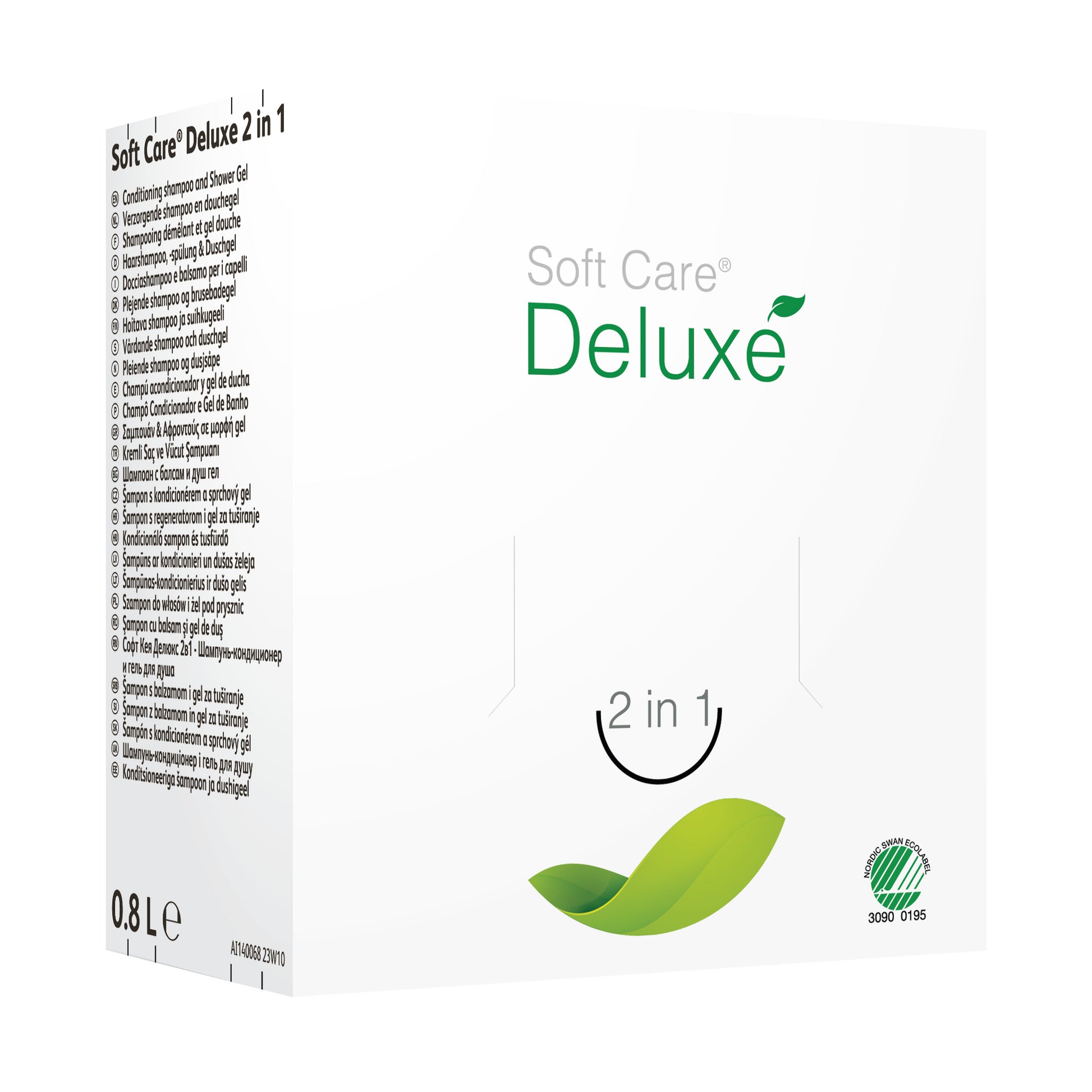 Eine weiße Schachtel mit der Aufschrift „Soft Care Deluxe 2 in 1, Duschgel & Shampoo“ von Diversey Deutschland ist mit einer grünen Blattgrafik, einer 0,8-Liter-Volumenanzeige, seitlichen Anweisungen und einem Umweltzeichen auf der Vorderseite versehen.