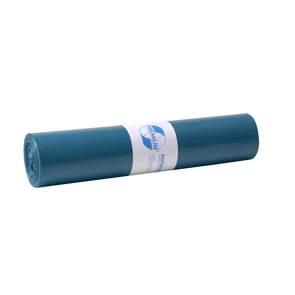 Eine blaue DEISS 10304 Müllsackrolle (800x1000 mm, Typ 60, 25 Stück) der EMIL DEISS KG (GmbH + Co.), mit einem weißen Etikett mit der Aufschrift Tragkraft 60 kg, steht auf einem schlichten weißen Hintergrund.