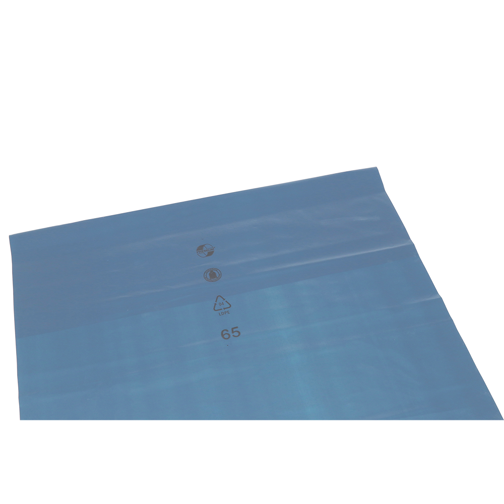 Die DEISS 10309 Verpackungsfolie (800x1000x0,07 mm, blau) von EMIL DEISS KG hat drei schwarze Symbole (inkl. Recycling mit "65") und kommt als 250 Rollen-Pack - perfekt als Versandverpackung.