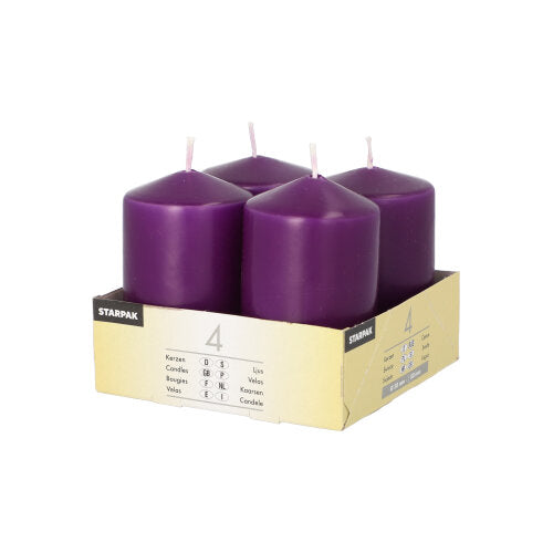 Vier elfenbeinfarbene Starpak 4 Stumpenkerzen (Ø 50 mm · 80 mm, Flachkopf) sind in einer quadratischen Kartonschale mit der Aufschrift „Starpak 4“ angeordnet, mit mehrsprachigen Kerzendetails auf der Vorder- und Seite der Verpackung.