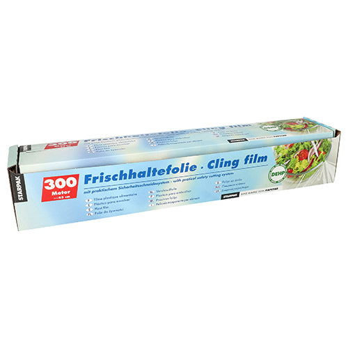 Starpak Frischhaltefolie, PVC 300 m mit praktischem Schneidesystem, in blau-weißer Verpackung mit deutsch-englischer Beschriftung für einfaches Abreißen.