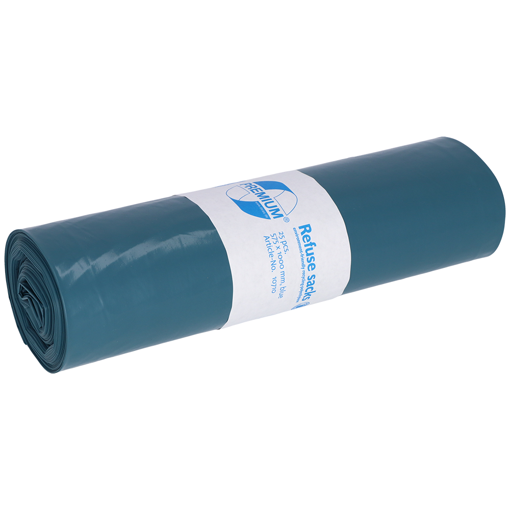 Ein eng gerolltes Bündel blauer DEISS Müllsäcke 575x1000x0,05 mm aus Recycling-LDPE 70 l von EMIL DEISS KG (GmbH + Co.) mit einem weißen Etikett in der Mitte, das die Produktinformation zeigt.