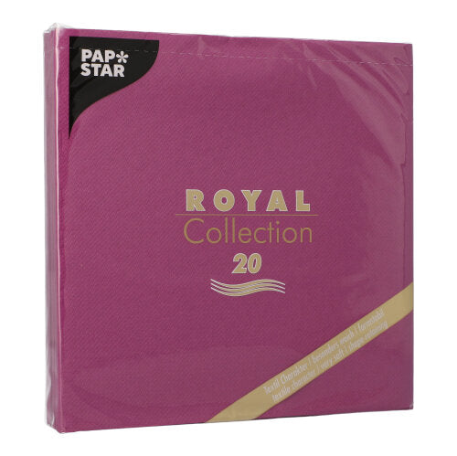 Eine versiegelte Packung von 20 magentafarbenen PAPSTAR GmbH Servietten "ROYAL Collection", 1/4-Falz, 40x40 cm, mit goldener Beschriftung und einem kleinen beigen diagonalen Etikett in der rechten unteren Ecke.