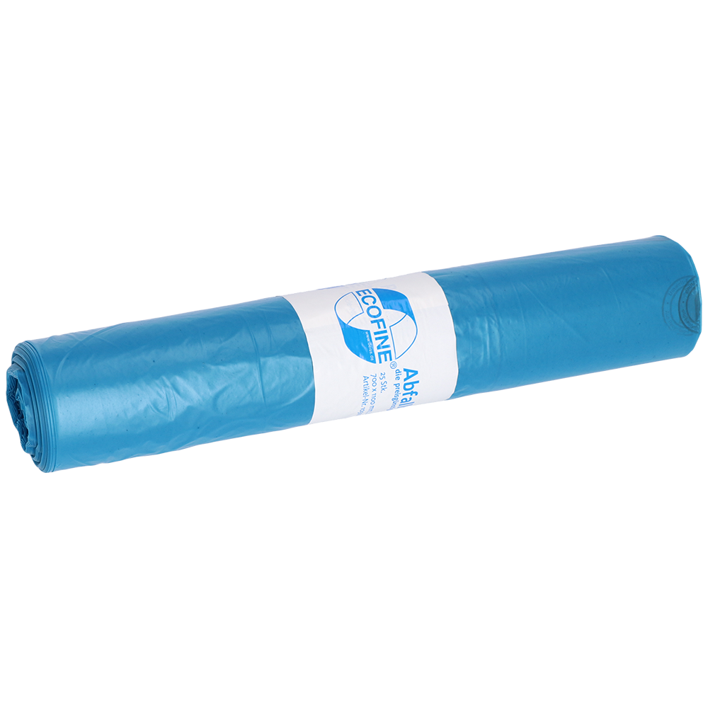 Eine blaue Rolle DEISS Abfallsäcke 700x11000 mm, 120 l, von EMIL DEISS KG (GmbH + Co.), aus Recycling-LDPE/LLDPE mit weißem Etikett mit Branding und Produktangaben für eine umweltfreundliche Abfalllösung.
