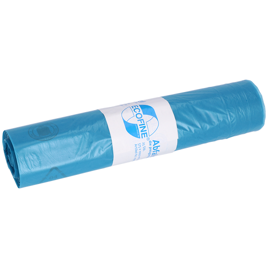 Abgebildet ist eine Rolle EMIL DEISS KG (GmbH + Co.) DEISS Abfallsäcke 575x1000 mm 120 l aus Recycling-LDPE/LLDPE, die ein weißes Etikett mit Text und Logo auf weißem Grund aufweist.