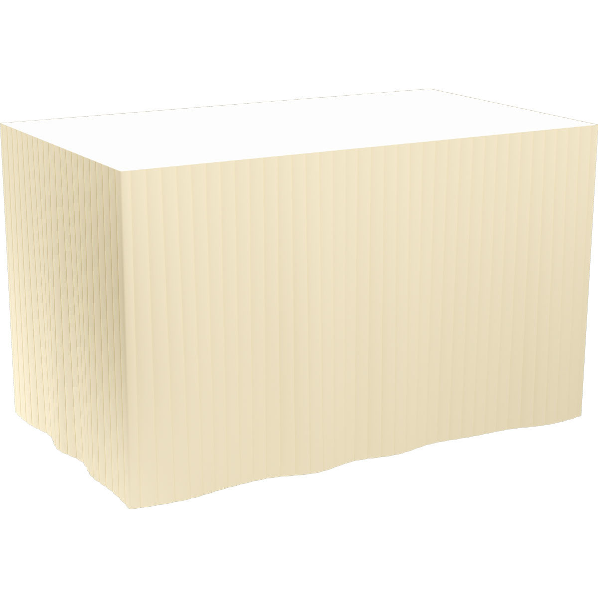 Ein rechteckiger Tisch, drapiert mit bodenlangen, plissierten, cremefarbenen Dunicel-Tischdecken (selbstklebend 72 cm, 5 x 4 m) der Duni GmbH; die weiße Tischplatte bleibt unbedeckt.