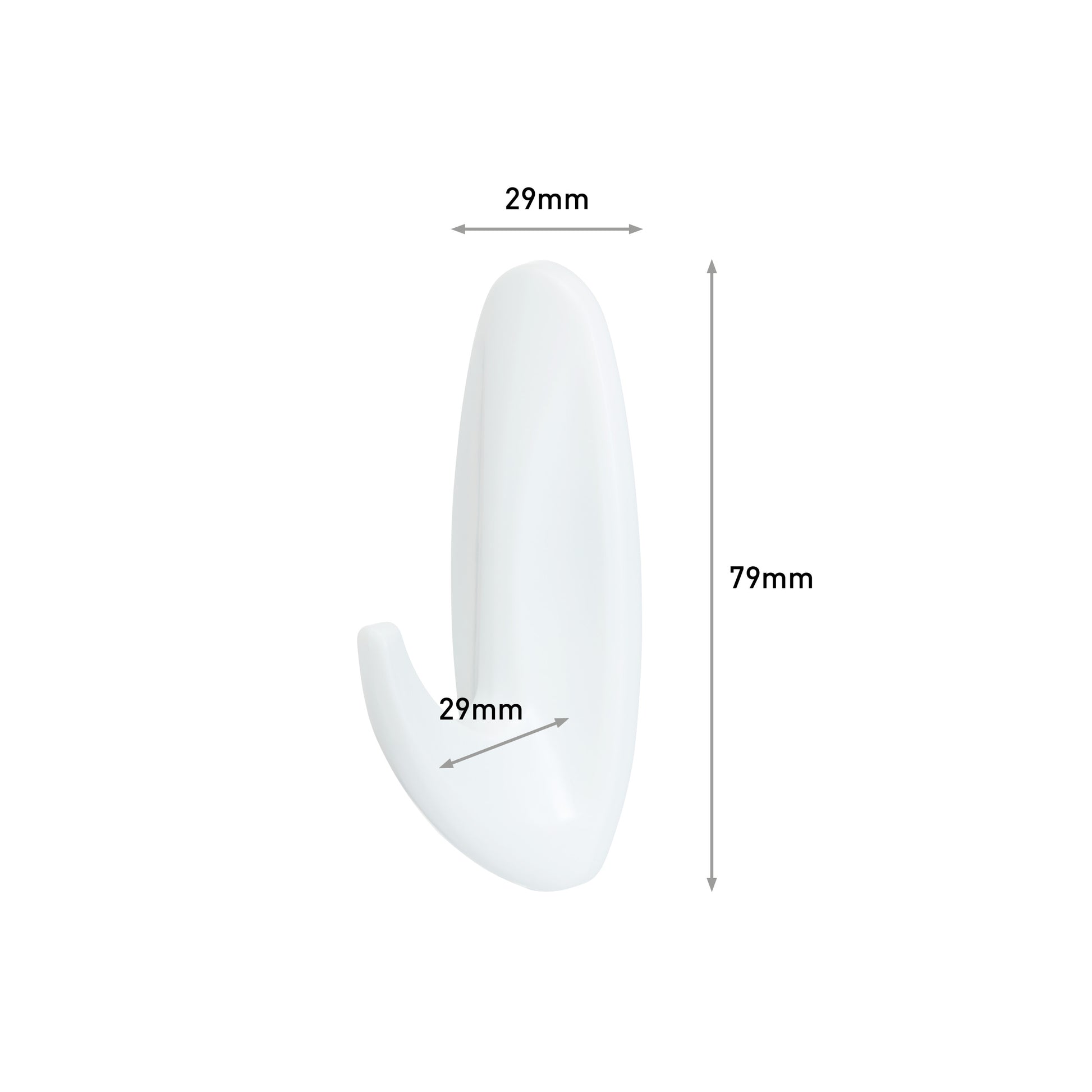 Der Command™ Bad Medium Designer-Haken, 17081B von 3M Deutschland GmbH ist auf einem einfarbigen Hintergrund abgebildet. Der weiße, gebogene Haken hat eine Höhe von 79 mm und eine Breite von 29 mm, wobei die Abmessungen durch beschriftete Pfeile hervorgehoben werden. Packung: 1 Stück.