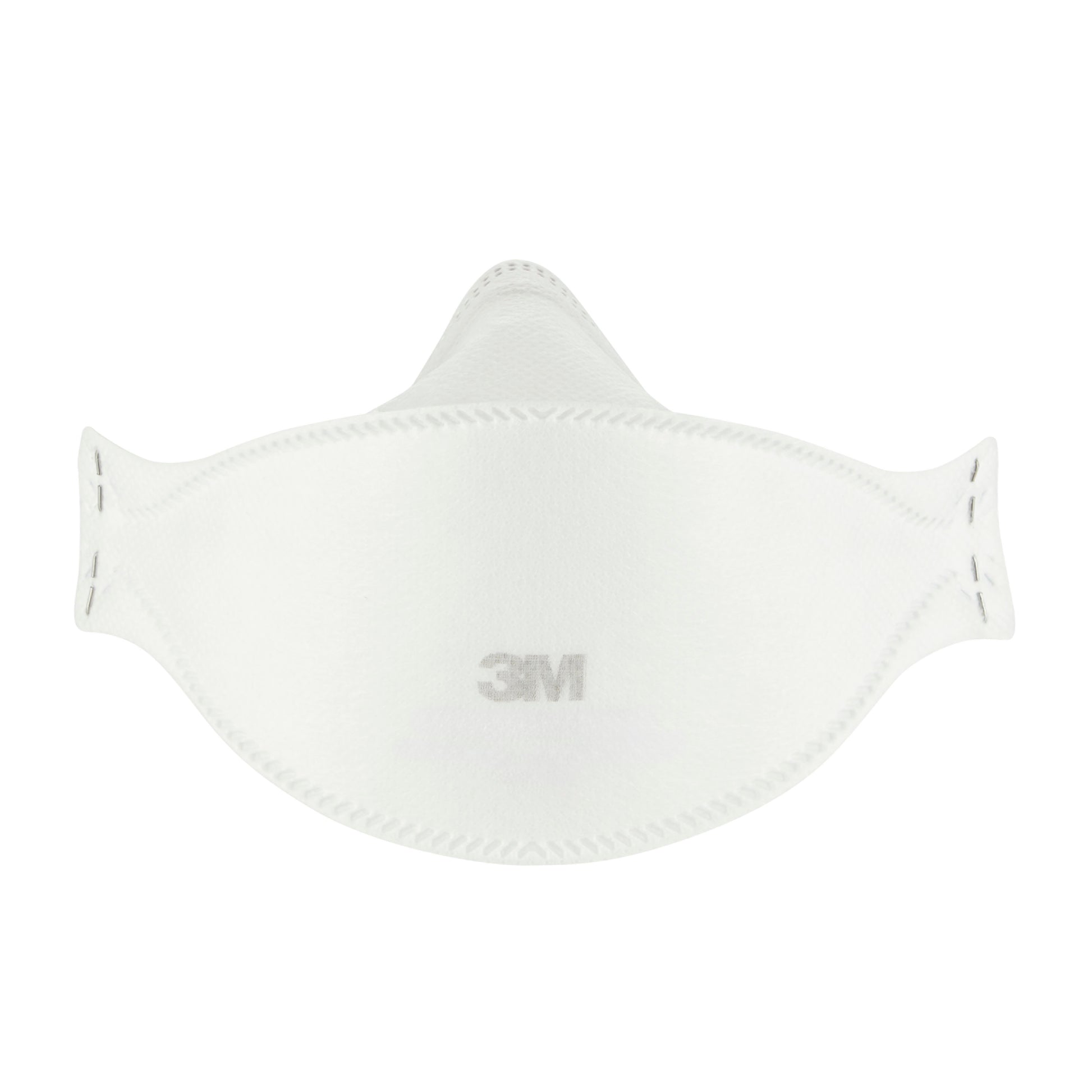 Eine 3M™ Aura™ Komfort-Partikelmaske 9320+ FFP2, ohne Ventil, von 3M Deutschland GmbH ist frontal auf weißem Hintergrund zu sehen; die weiße Einwegmaske trägt das "3M" Logo. Packung mit 5 Stück oder einzeln erhältlich.