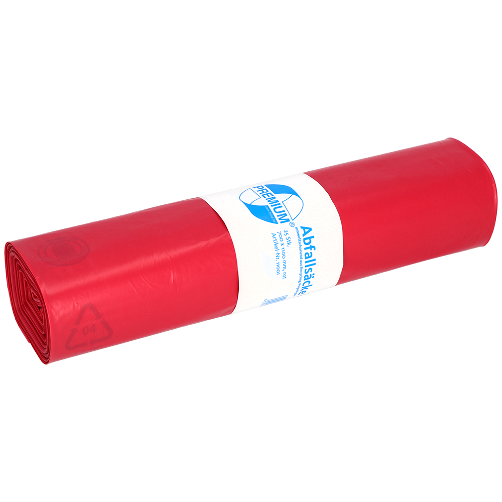Abgebildet ist eine Rolle EMIL DEISS KG (GmbH + Co.) DEISS 11001 rote Müllsäcke (700x1100 mm, Typ 60, 25 Stück), mit weiß-blauem Etikett für Transport und Lagerung, auf einfarbig weißem Hintergrund.