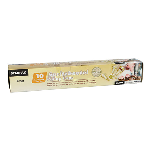 Das Starpak 10 Spritzbeutel-Set enthält zehn transparente Spritzbeutel (1,8 l, 46 x 23 cm) mit drei Tüllen in einer Faltschachtel. Ideal für Kuchen, Backdekorationen oder die Küche. Die Verpackung enthält deutsche und englische Texte sowie Produktbilder.