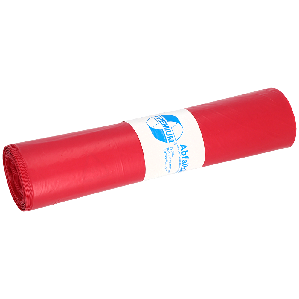 Abgebildet ist eine Rolle EMIL DEISS KG (GmbH + Co.) DEISS 11021 - 700x1100 mm Typ 60 rot Müllsäcke (25 Stück) mit weiß-blauem Etikett auf einfarbig weißem Hintergrund.