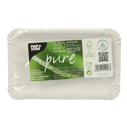 Ein rechteckiger Stapel PAPSTAR 250 Teller, Pappe "pure" eckig weiß, aus Frischfaserkarton (11 x 17,5 cm), plastikverpackt. Das Label zeigt: FSC- und TÜV-zertifiziert, hergestellt aus nachwachsenden Rohstoffen.