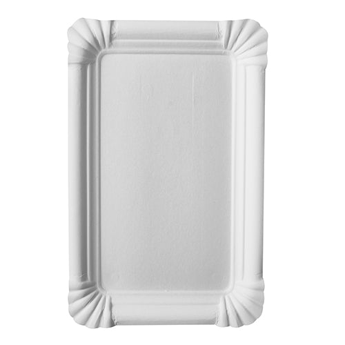 Der PAPSTAR 250 Teller, Pappe "pure" eckig weiß der PAPSTAR GmbH ist ein schlichtes, rechteckiges weißes Tablett mit hochgezogenen, geriffelten Kanten und abgerundeten Ecken, hergestellt aus umweltfreundlichem Frischfaserkarton und von oben auf weißem Hintergrund fotografiert.
