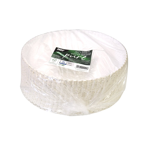 Ein Stapel PAPSTAR GmbH 29 cm "pure" runde weiße Pappteller (50 Stück), verpackt in klarem Plastik mit einem Etikett, das besagt, dass sie zu 100% biologisch abbaubar und kompostierbar sind.