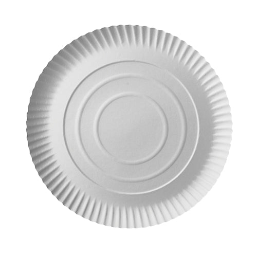 Der PAPSTAR GmbH 100 Teller, Pappe "pure" rund ist ein nachhaltiger, FSC-zertifizierter, runder Pappteller mit Riffelrand und Kreisrelief - umweltfreundlich und schlicht in Weiß.