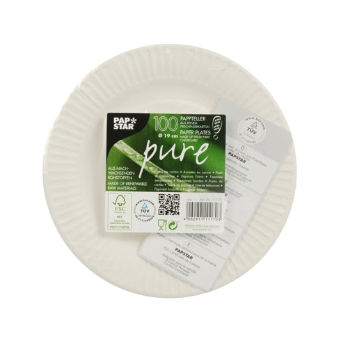 Ein Stapel von 100 runden, extrastarken weißen PAPSTAR GmbH "pure" Papptellern aus FSC-zertifiziertem Frischfaserkarton mit geriffeltem Rand, oben beschriftet mit "Papstar pure"-Branding, Öko-Symbolen und Produktinformationen in Deutsch und Englisch.