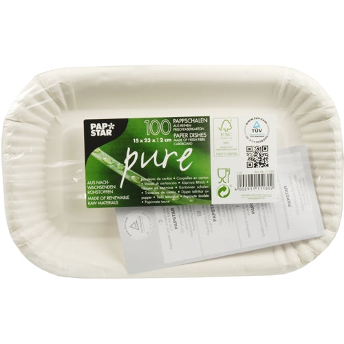 Die rechteckigen weißen Kartonschalen „pure“ (15 x 23 x 1,2 cm) der PAPSTAR GmbH werden aus nachwachsenden Rohstoffen hergestellt. Jede Packung enthält 100 umweltfreundliche Einwegschalen für den gesamten Gastronomiebedarf.