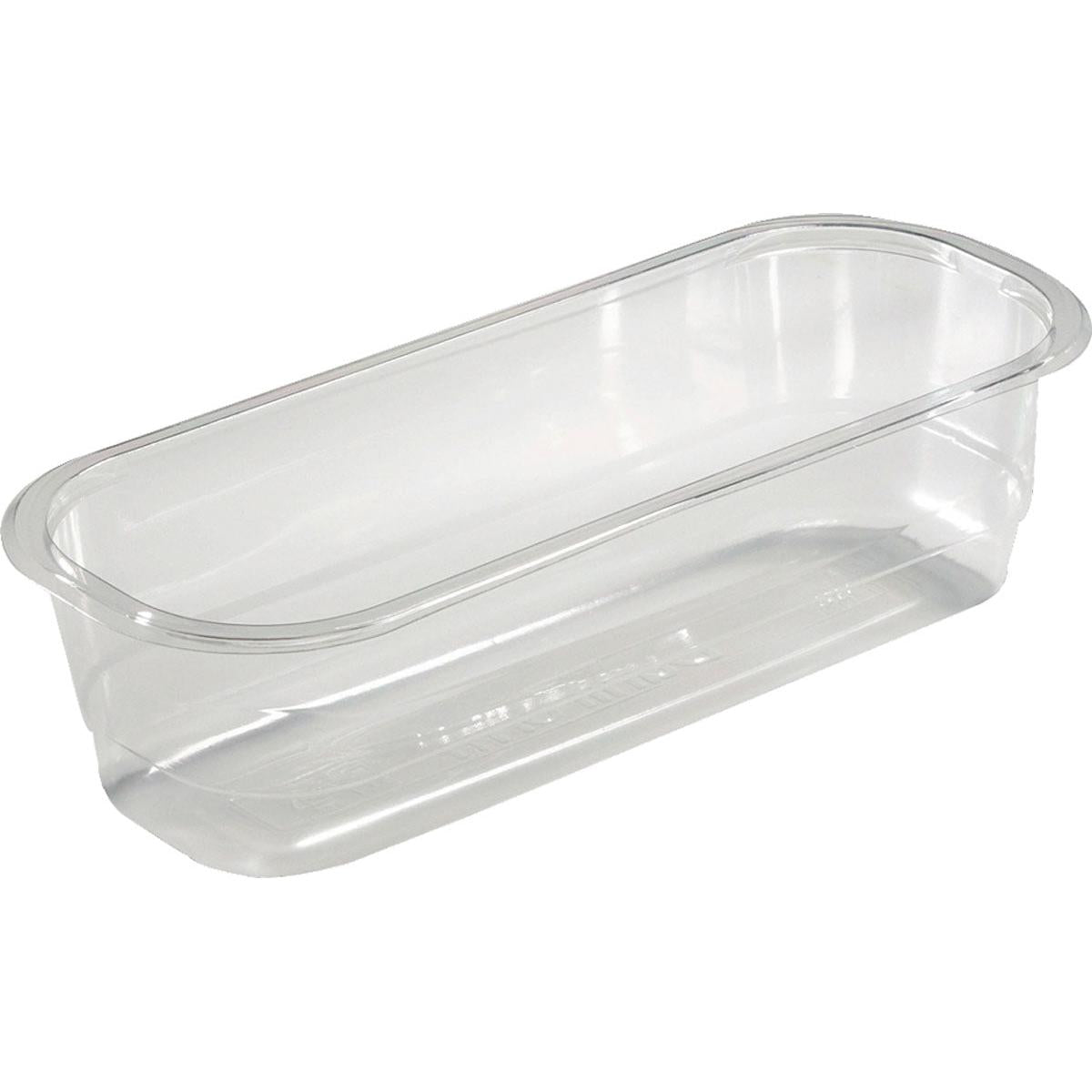 Die Duni GmbH APET-Schale Transparent APET 260x110x68 (Packung: 350 Stück) zeichnet sich durch ein klares, rechteckiges Design aus - ideal für die Lebensmitteldarstellung durch die transparente Verpackung.