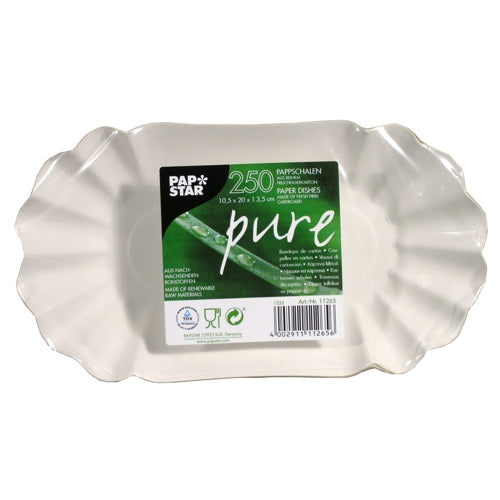 Abgebildet ist eine weiße, ovale Papierschale mit gewellten Rändern. Auf dem grünen Etikett steht "PAPSTAR pure" und der Hinweis, dass diese 250 kompostierbaren, FSC-zertifizierten, umweltfreundlichen Schalen (von PAPSTAR GmbH) aus nachhaltigem Karton hergestellt sind.