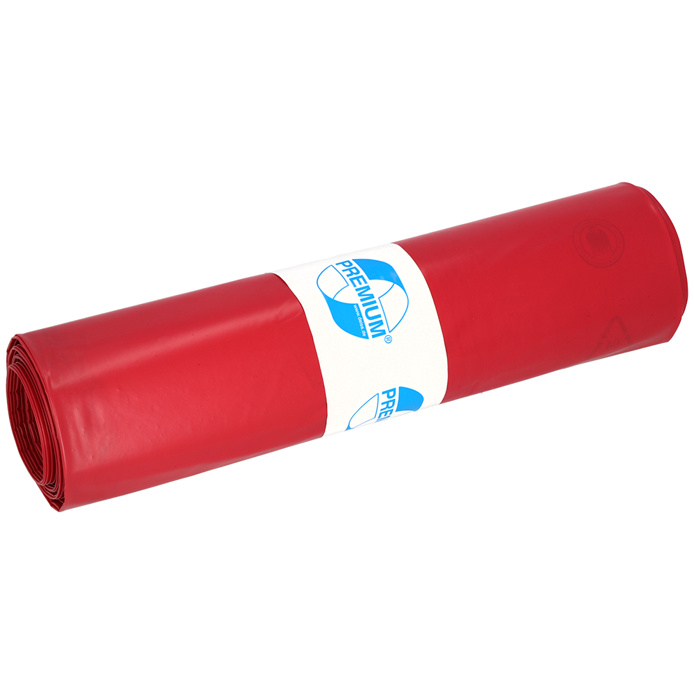 Eine Rolle roter DEISS 11306 Müllsäcke (800x1000x0,1 mm, 15 Stück) der EMIL DEISS KG (GmbH + Co.), verpackt in einem weißen Etikett mit blauem Text und Grafik, ist auf einem schlichten hellen Hintergrund abgebildet.