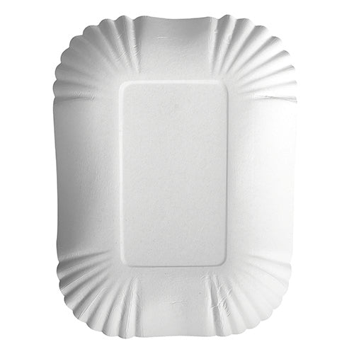 Die PAPSTAR GmbH 100 Schalen, Pappe „pure“ eckig weiss sind schlichte, weiße rechteckige Pappteller mit gewelltem Rand – ideal für umweltfreundliche Catering-Bedürfnisse.