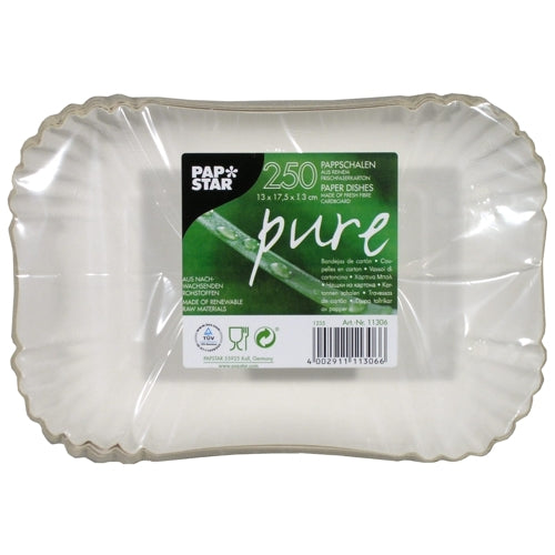Ein 100er-Pack rechteckiger, weißer Pappschalen von PAPSTAR GmbH („pure“) ist in Folie verpackt – ideal für umweltfreundliches Catering.