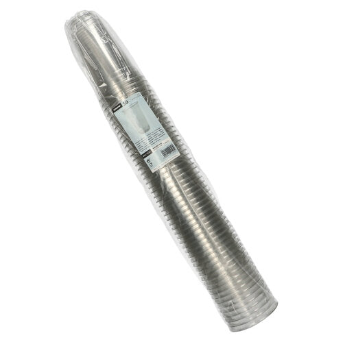 Ein versiegelter, in Kunststoff verpackter Stapel von Starpak 50 Trinkbecher "Hurricane" PET glasklar wird aus einem Winkel gezeigt, mit einem sichtbaren Etikett mit Produktinformationen auf der Verpackung.