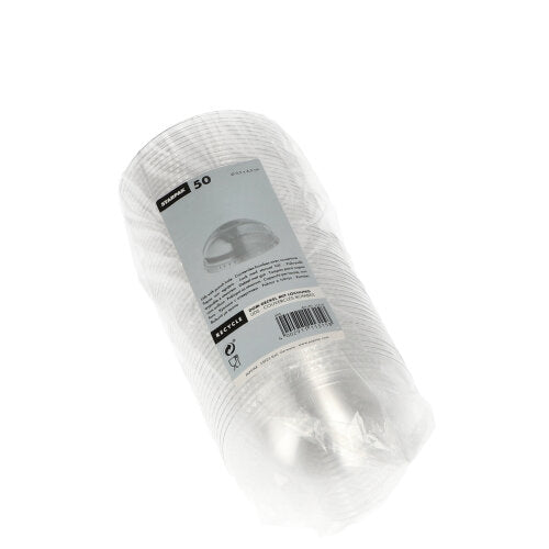 Eine Packung mit 50 Starpak Dom-Deckel „Hurricane“ PET-Deckeln (klar, rund, Ø 9,5 cm, ohne Loch) wird in einer transparenten Verpackung mit einem weiß-grauen Etikett geliefert, auf dem Produktinformationen, Barcode und die Marke Starpak für einen sicheren Verschluss angezeigt werden.