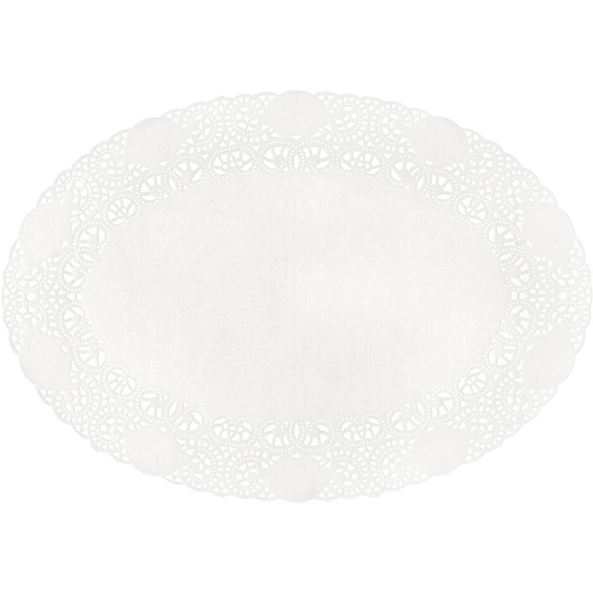 Die Duni GmbH Tortenspitzen Oval 24 x 17cm weiß (Packung mit 250 Stück) haben einen spitzen, dekorativen Rand und eine feste Mitte - ideal für Tortendeko - von oben auf einem unifarbenen Hintergrund.